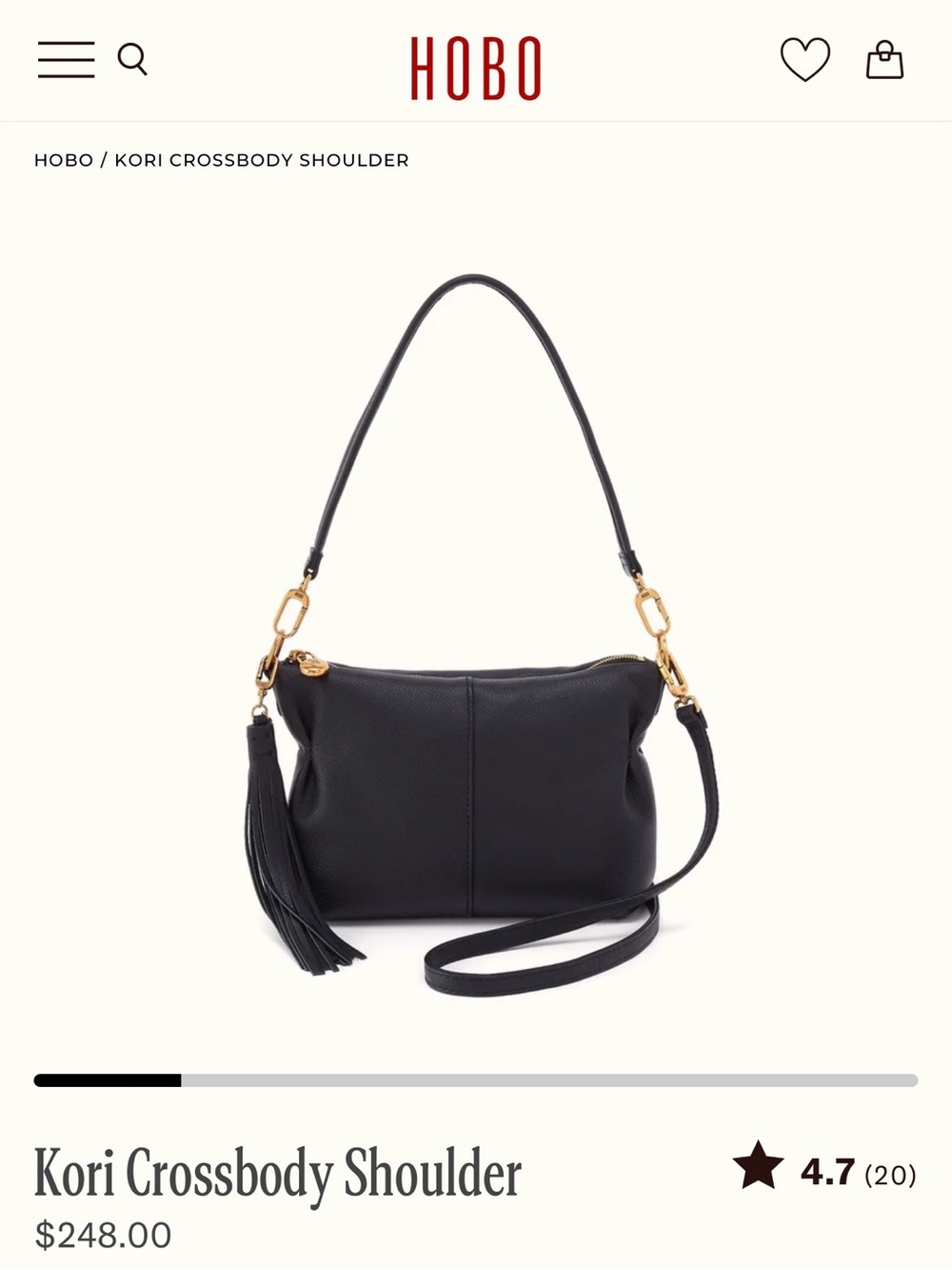 HOBO Kori Crossbody Shoulder Bag in Black with Gold Hardware